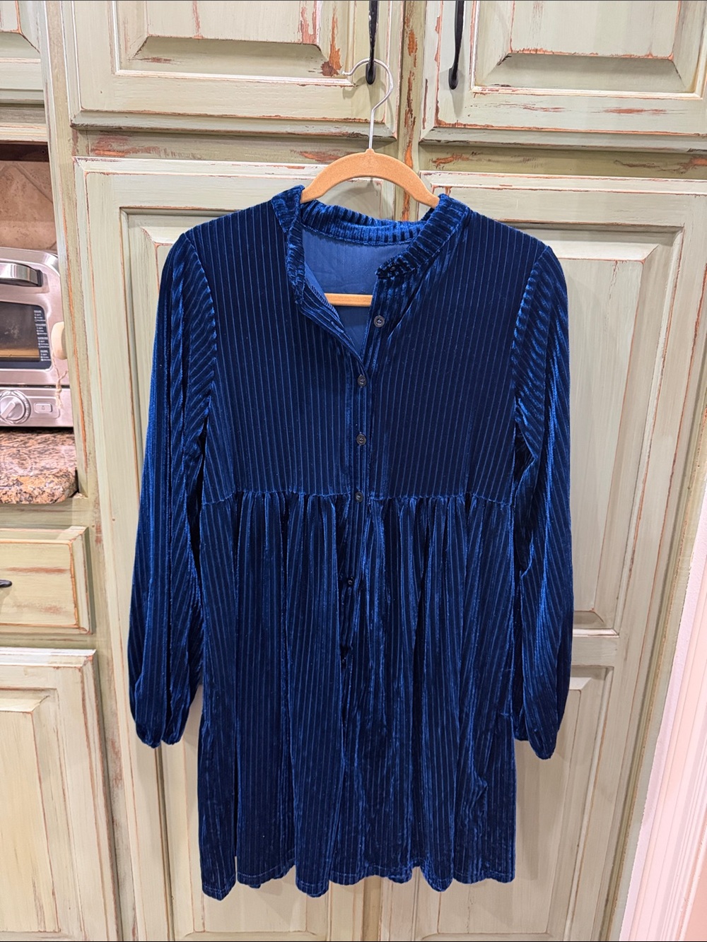 Navy Blue Velvet Button-Front Dress